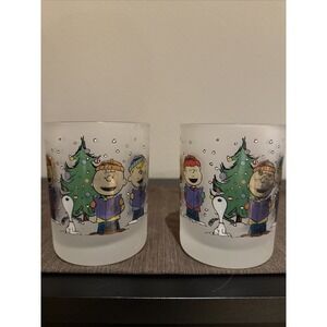 2 Snoopy‎ Peanuts Gang Christmas Glass Or Votive Candle Holder Frosted 4.25"